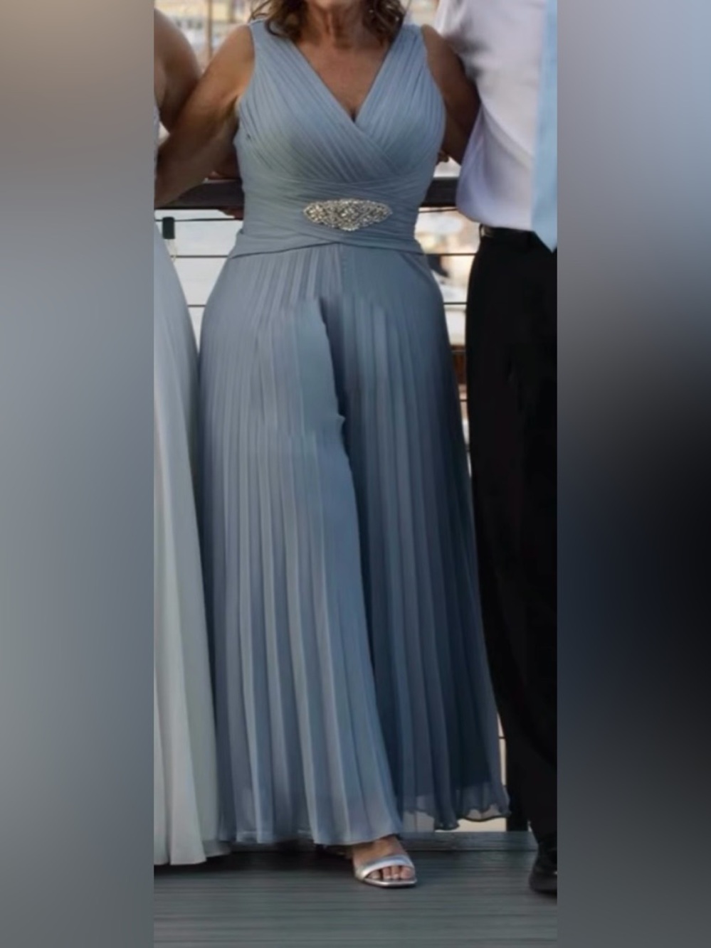 Pleated V-Neck Dusty Blue Evening Jumpsuit with Embellished Waist